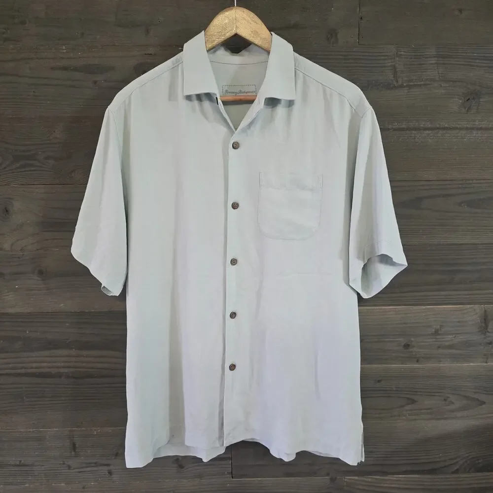 Tommy Bahama 100% Silk Surfboard Graphic Camp Shirt Men Medium Mint Blue